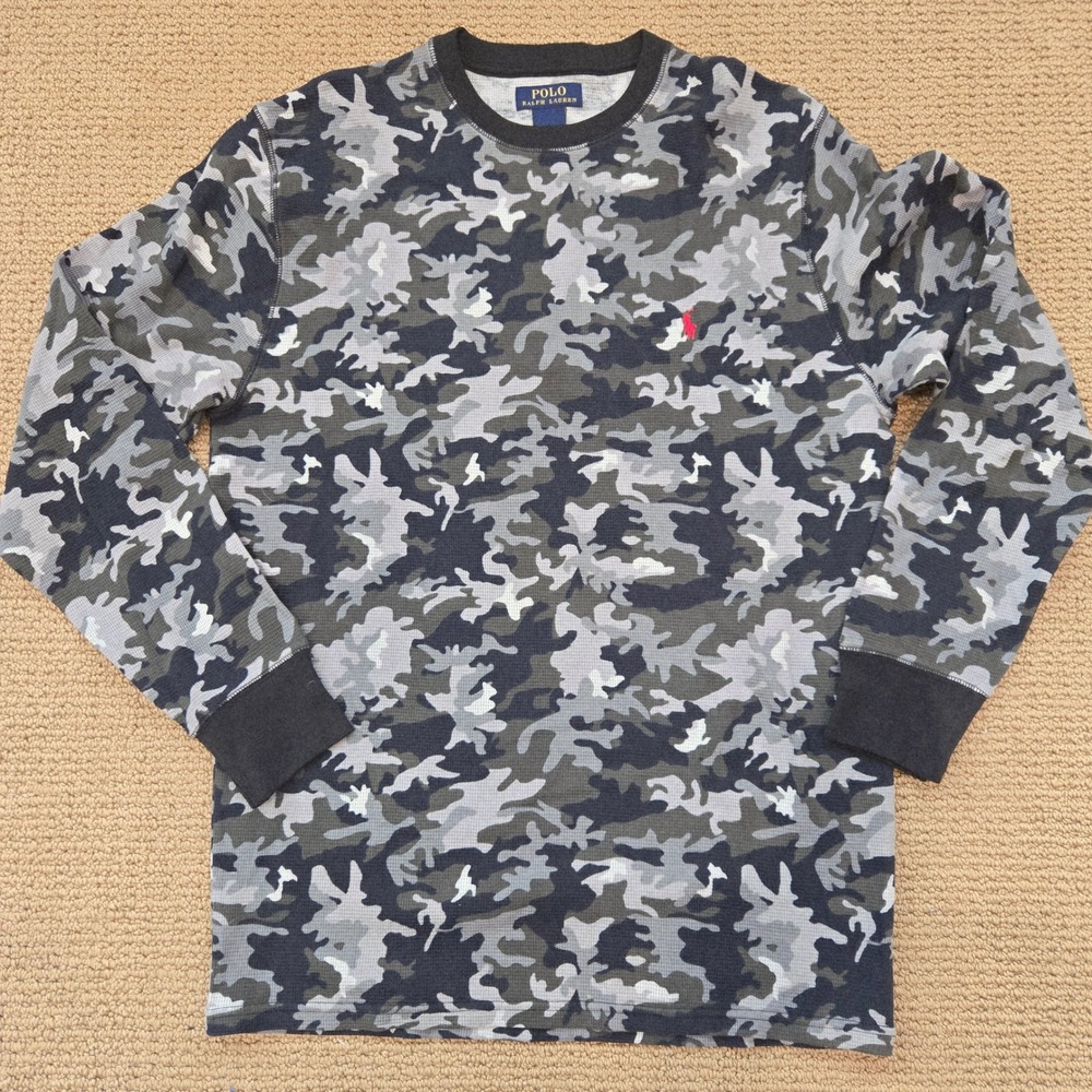 Polo Ralph Lauren Mens‎ Large Waffle Knit Thermal Camo Long Sleeve Shirt black